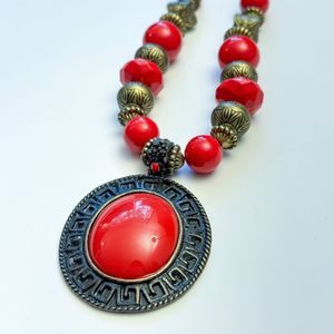 Nordstrom Brass Plum Red Beaded Statement Necklace